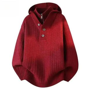 康之源轻奢红色假两件连帽毛衣男冬季本命年高级F感针织卫衣