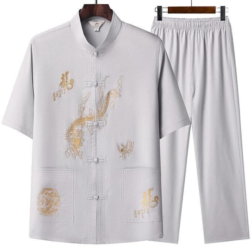 百特精品1唐装男中国风夏季短袖套装爷爷装太极汉服爸爸夏装