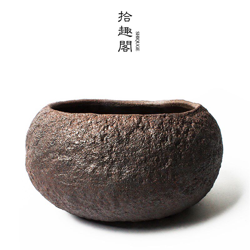 手工粗陶花盆 复古陶瓷花器 茶席摆件水盂 怀旧风多肉铜钱草花盆