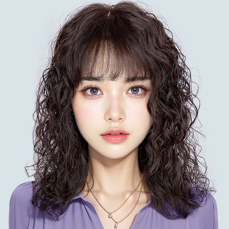 遮白发卷发假发片真人发头顶补发片女无痕蓬松轻薄羊毛小卷发补发
