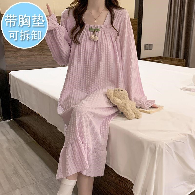 带胸垫睡裙女2024春秋季德绒甜美公主风长袖保暖长裙大码女家居服