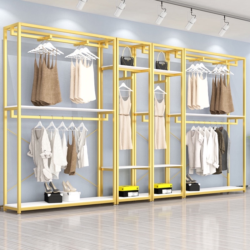 金色落地式服装展示架 多尺寸金属组合衣架 服装店陈列架
