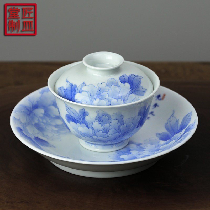 手绘牡丹花盖碗青花三才碗壶承盘手工茶碗茶盘景德镇陶瓷高端茶具