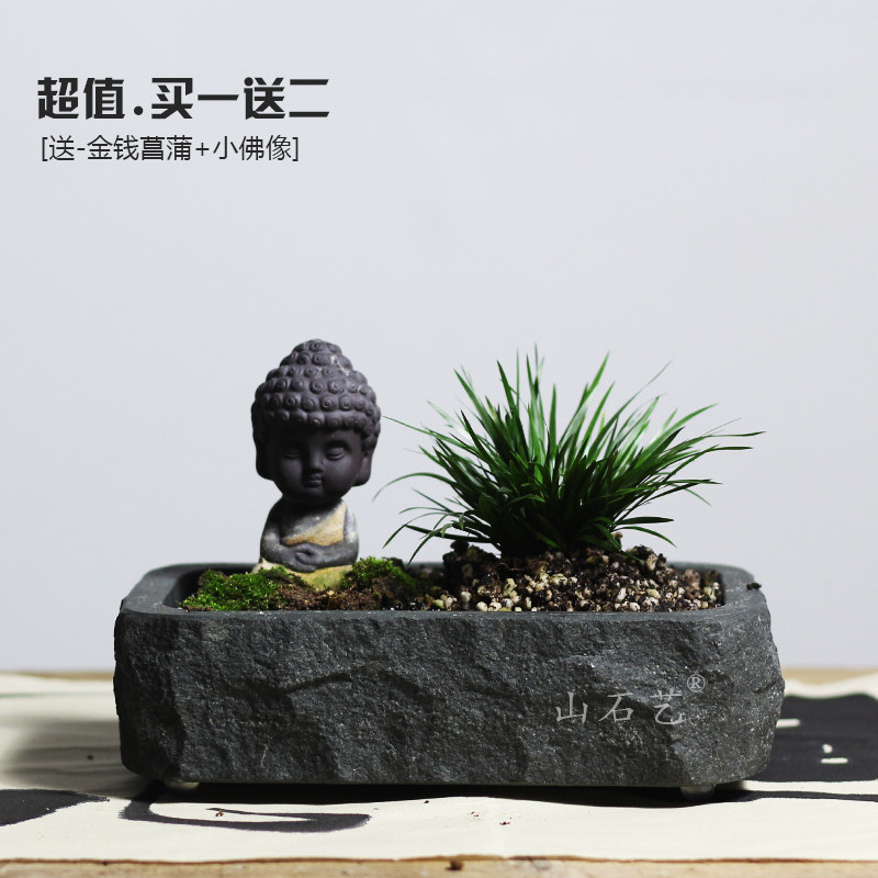 青石盆假山菖蒲盆景盆小石槽天然石头花盆复古大号文竹多肉长石盆