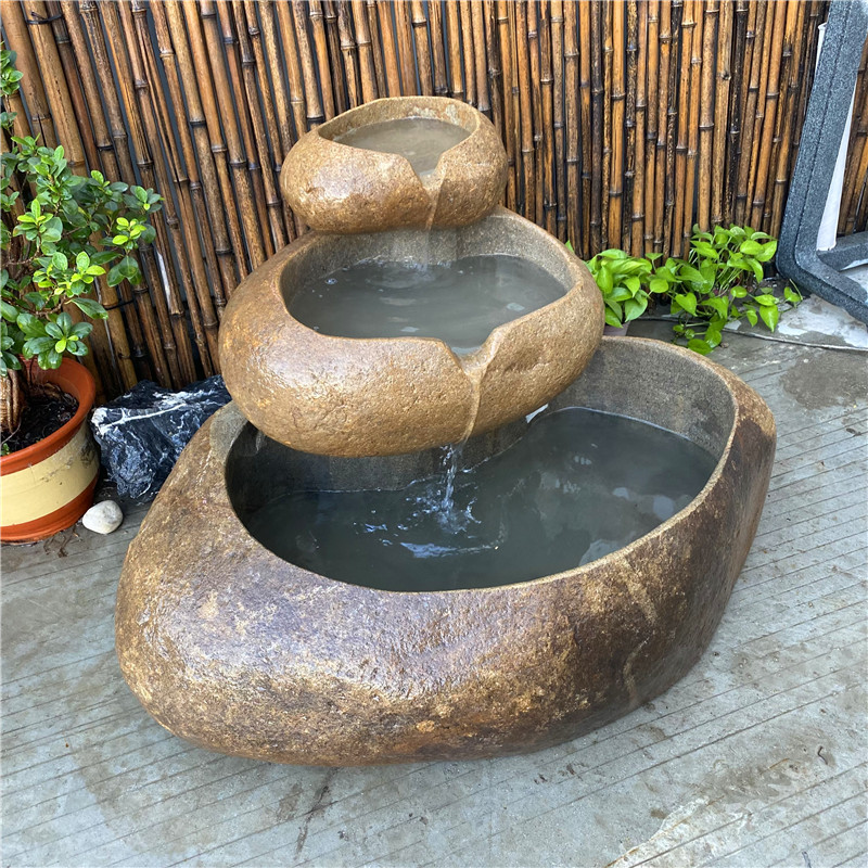 老石槽石磨流水石盆养鱼石头鱼缸养花石盆竹子流水器别墅庭院水景