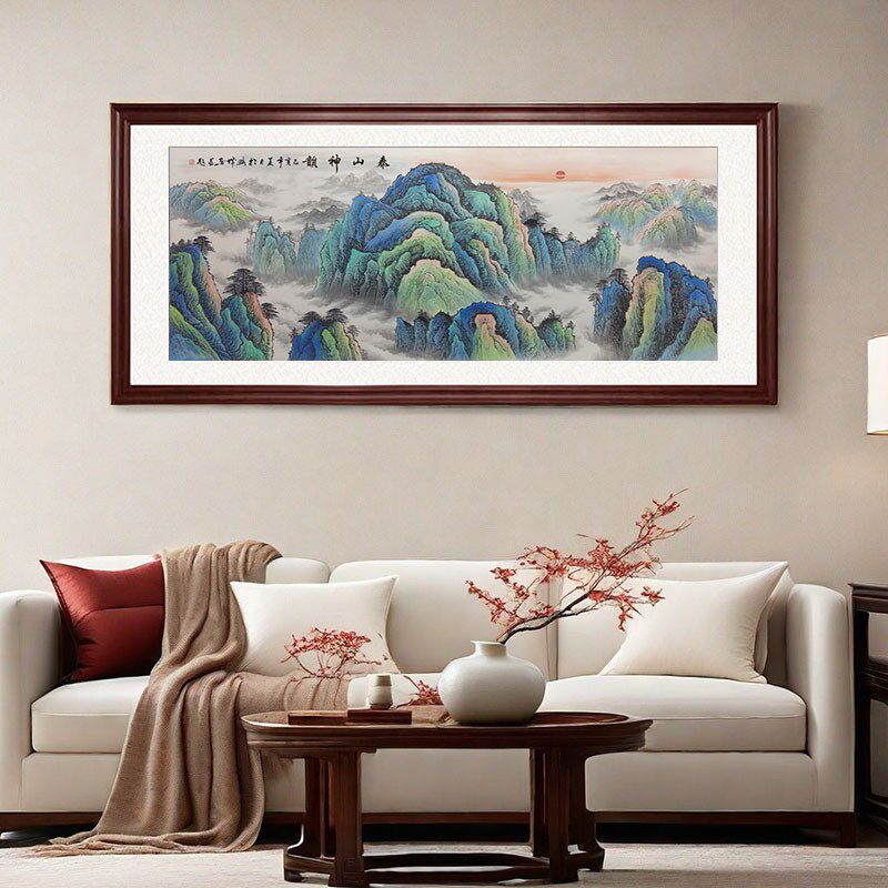 手绘国画山水画靠山图旭日东升泰山神韵日出客厅挂画办公室装饰画