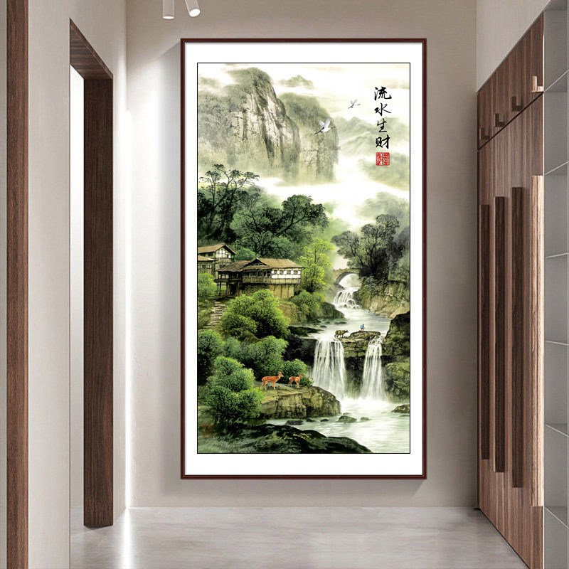 十字绣2024新款线绣竖版玄关大幅风景满绣客厅流水生财中式山水画