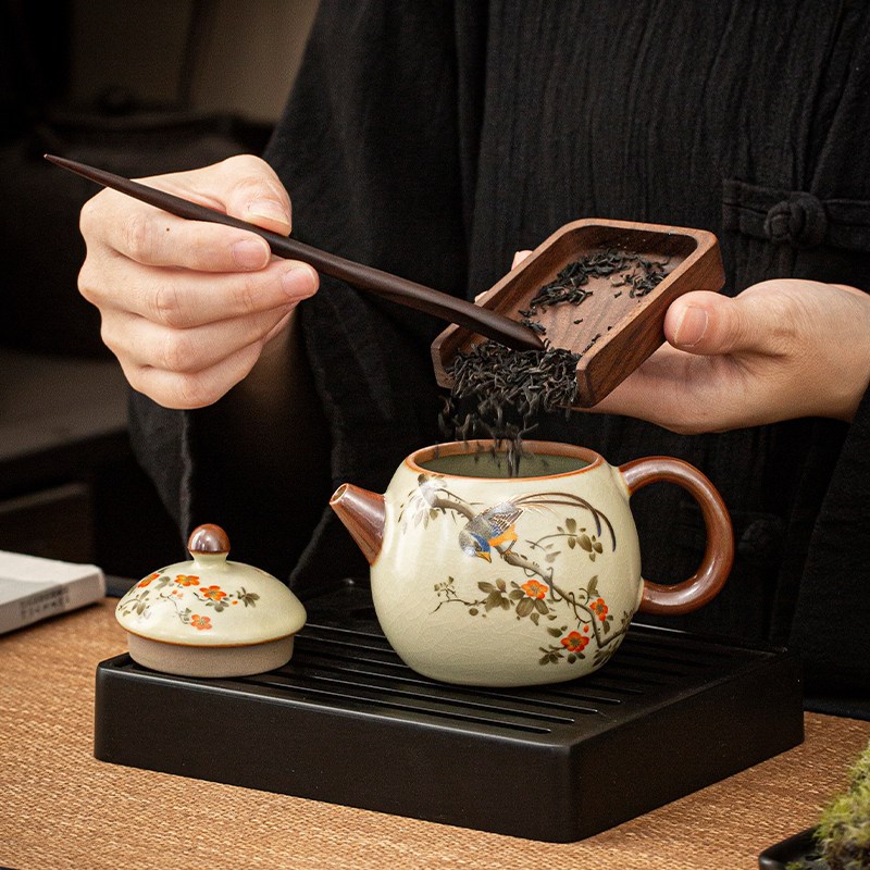 米黄汝窑茶壶喜鹊功夫茶具套组景德镇泡茶器喝茶单壶茶杯小套装