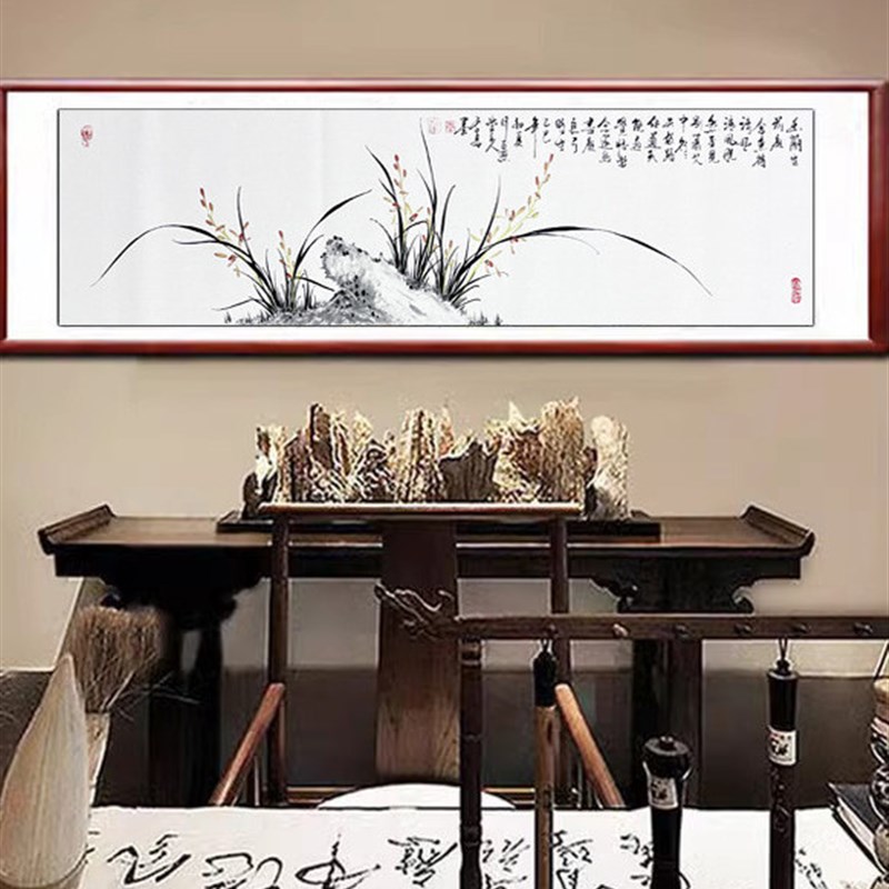 手绘国画《兰花》正品客厅装饰画卧室挂画水墨画实木画框装裱横幅