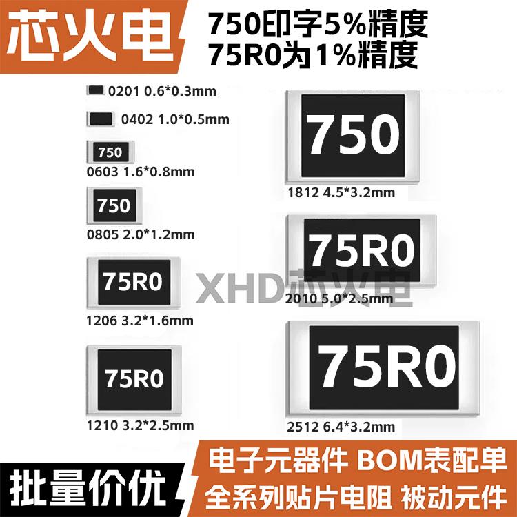 75R欧 贴片电阻 精度5%/1%丝印750/75R0/85X 0603 0805 1206 2512