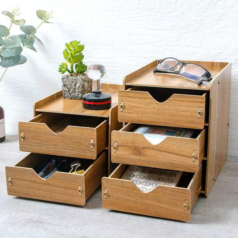 办公桌面收纳盒木制抽屉式收纳柜办公室置物架用品文件杂物整理箱