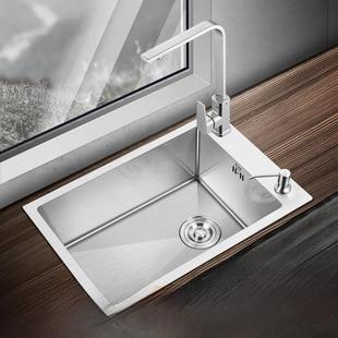 侧孔单槽304不锈钢横向洗菜盆加厚大号水池窄长型家用水槽台中盆