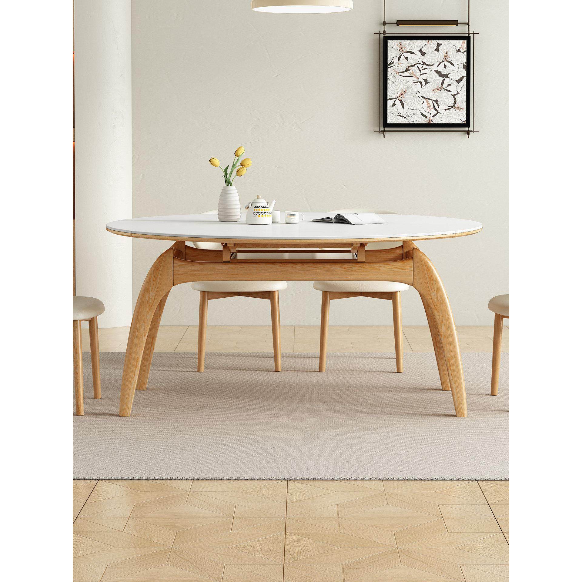 可伸缩岩板餐桌椅组合原木奶油风家用小户型饭桌月牙实木可变圆桌,住宅家具,岩板餐桌,淘宝优惠券,粉丝福利购,淘宝优惠卷