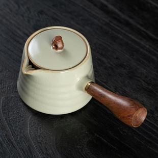 功夫泡茶壶单个壶 米黄汝窑侧把壶茶壶泡茶器家用手柄陶瓷茶具套装