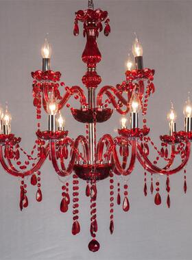 10+5高款双层红色水晶吊灯真2层15头红色玻璃吊灯蜡烛灯婚庆 KTV