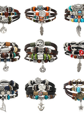 新款民族风复古多根穿珠羽毛绿松石琉璃翅膀皮质手链热卖货源