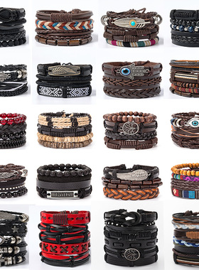 亚马逊复古多层合金皮质手链 欧美潮流民族风蜡绳皮革手绳