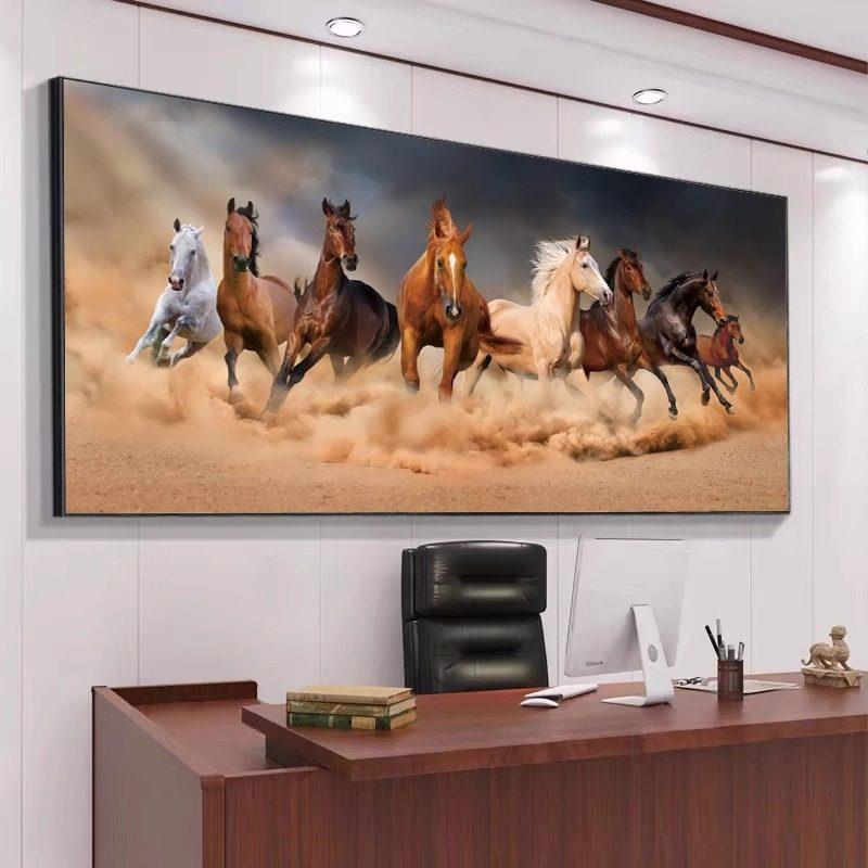 办公室马到成功背景墙骏马沙发装饰画八骏图国画字画挂画客厅茶室
