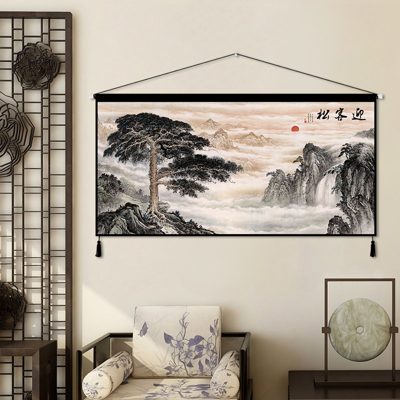 中式迎客松横版墙布挂布中国风沙发背景布客厅装饰挂毯电表箱装饰