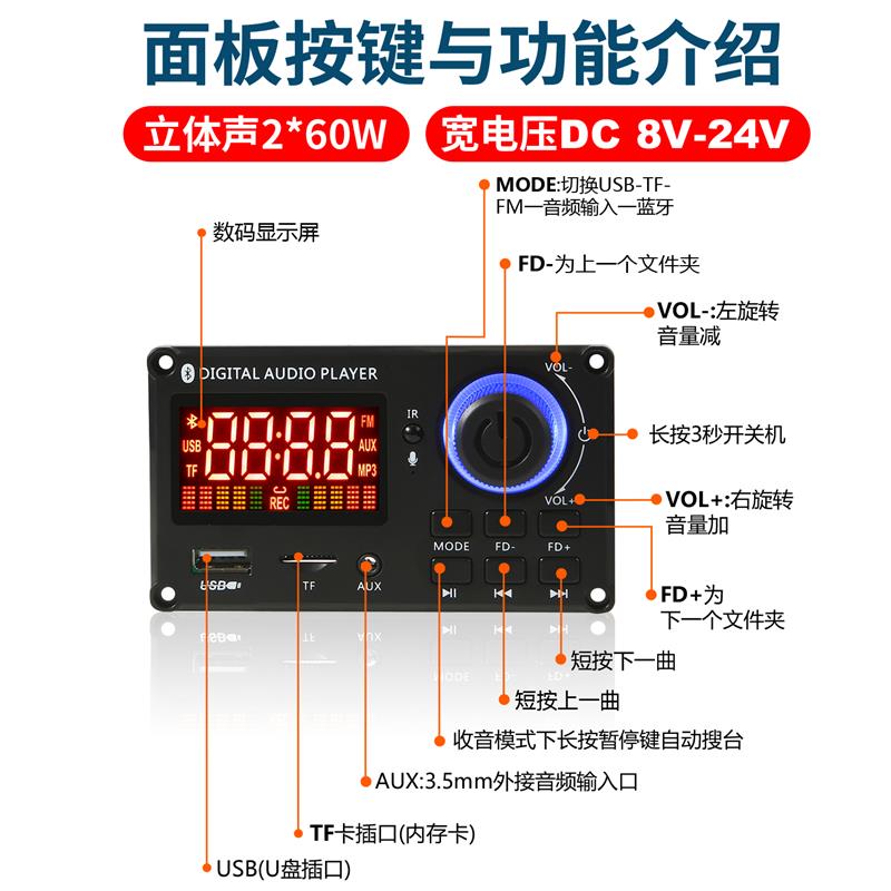 12V蓝牙功放板60W*2 大功率解码板tpa3116芯片USB收录音手机通话