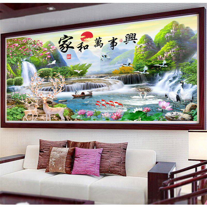 家和万事兴十字绣成品流水生财满绣客厅风景山水挂画纯手工绣好的