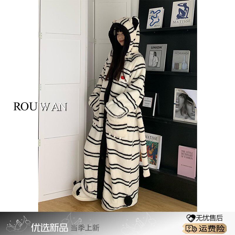 冬天珊瑚绒睡袍秋冬款女加绒加厚连帽睡裙浴袍家居服大码睡衣外套