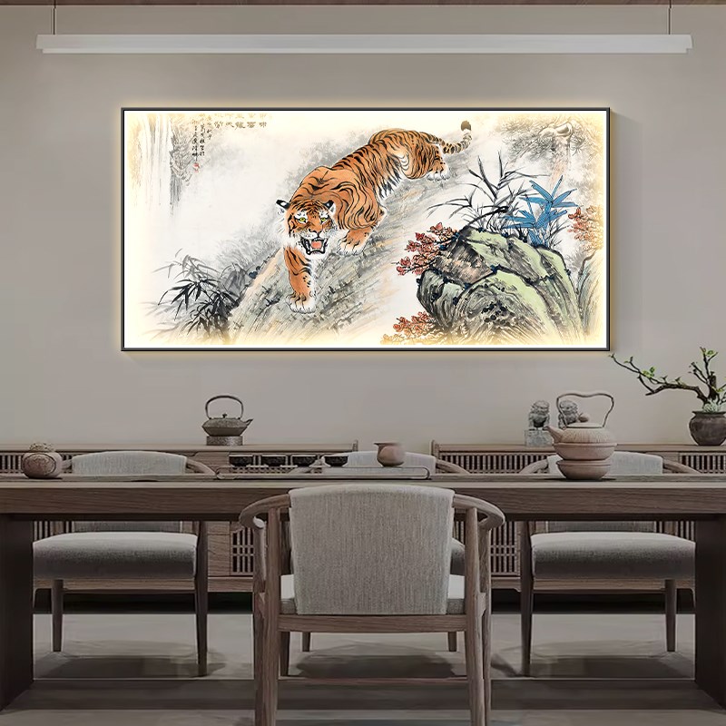 镇宅老虎客厅装饰画带灯猛虎书房办公室挂画泡茶室背景墙发光壁画