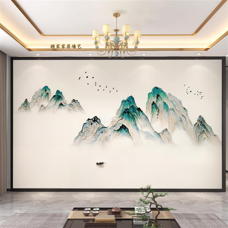 新中式山水电视背景墙布宋氏美学定制壁画纸装修客厅卧室床头墙布
