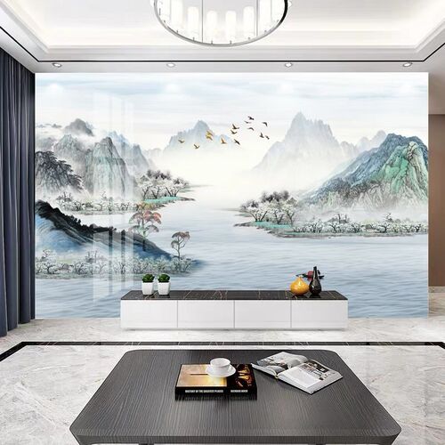 新中式山水画电视背景墙PET高光1.2米碳晶实心大板护墙板全屋定制