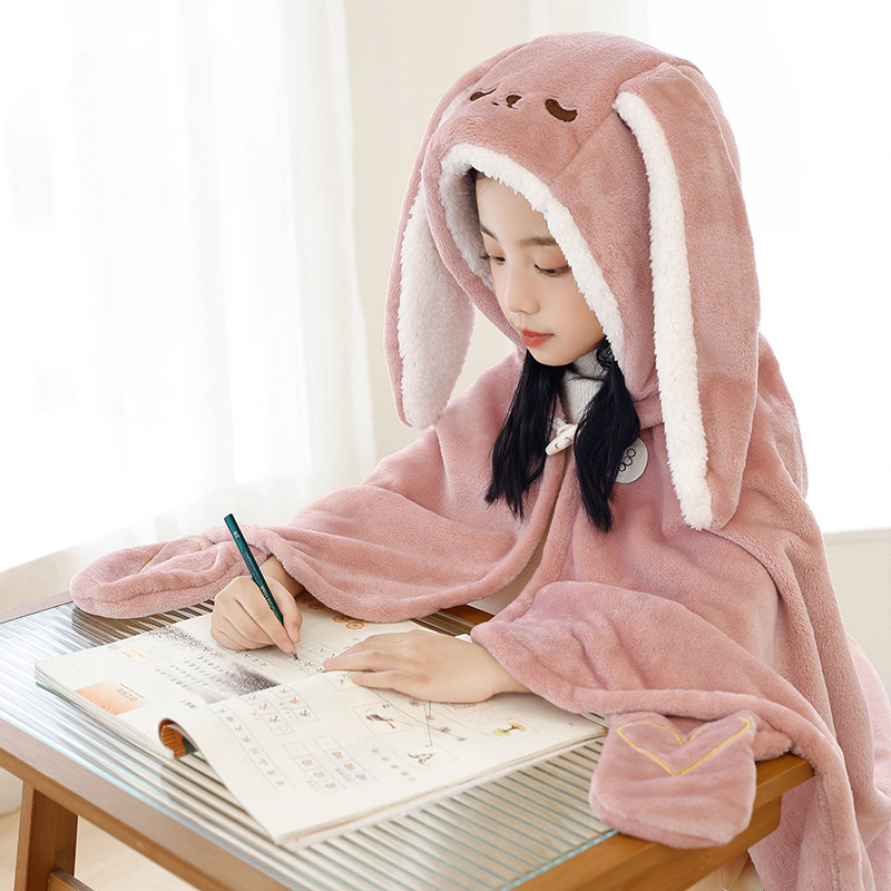小学生午睡披肩毛毯可穿式斗篷午休毯子带纽扣连帽趴睡盖毯教室用