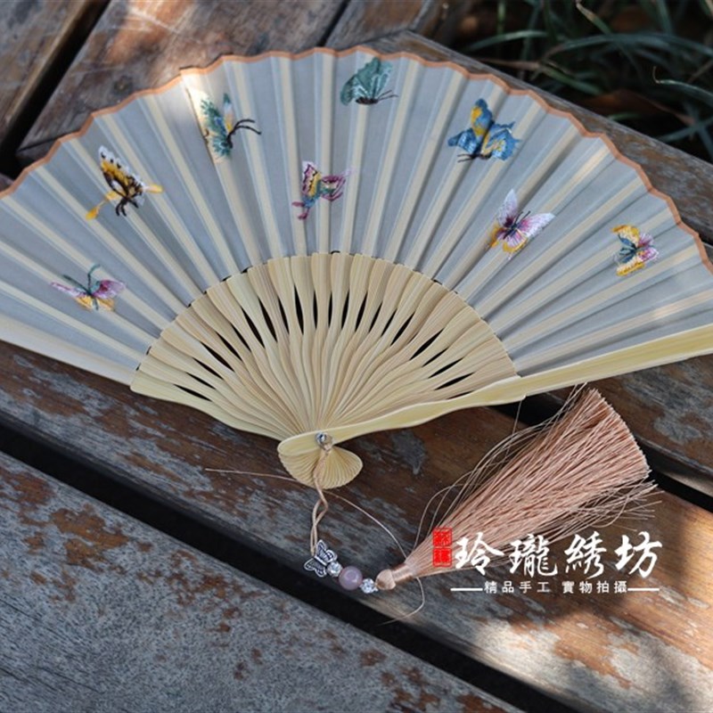 苏绣折扇女式古风玉竹真丝双面精美绣花扇子中国风旗袍汉服礼品扇