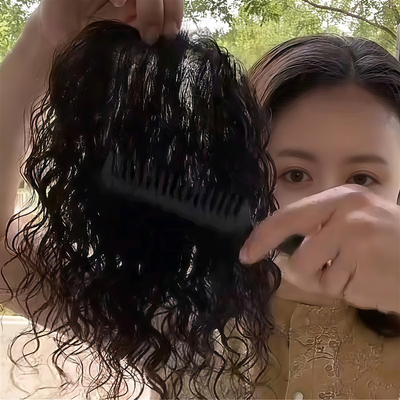 中老年假发补发片女士真发假发女发卷发斜刘海中长发真发羊毛卷
