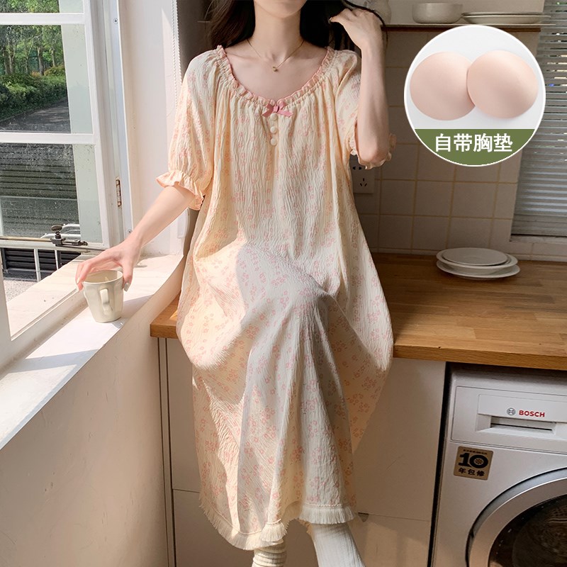 睡裙带胸垫夏季女款碎花孕妇可爱短袖2024新款夏款女士睡衣家居服