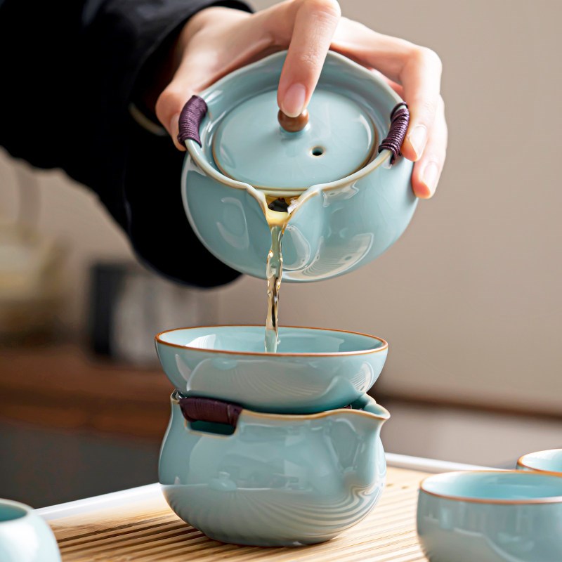 天青汝窑功夫茶具套装大容量手抓壶泡茶壶家用防烫手陶瓷茶杯套装