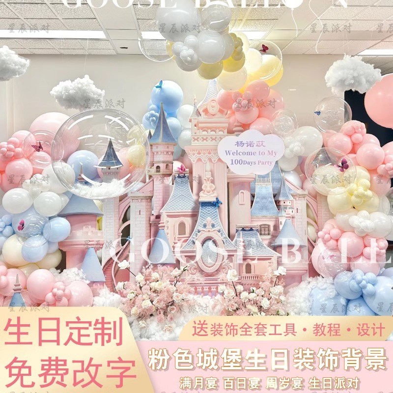 粉色城堡主题生日布置 梦幻女宝宝一岁场景气球装饰套组