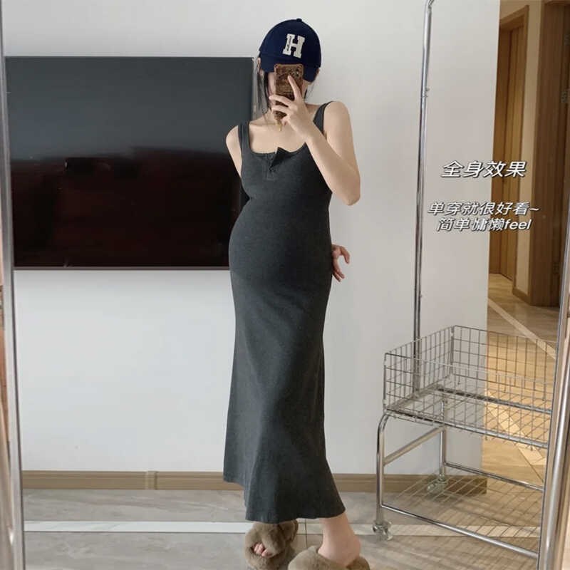 孕妇装春秋吊带背心裙子气质纽扣吊带长裙修身夏季显瘦连衣裙套装