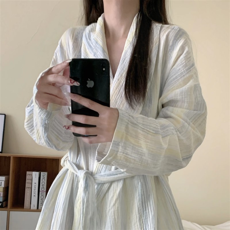 ins休闲条纹棉纱睡衣女春秋季2026新款浴袍双层纱睡袍家居服秋季