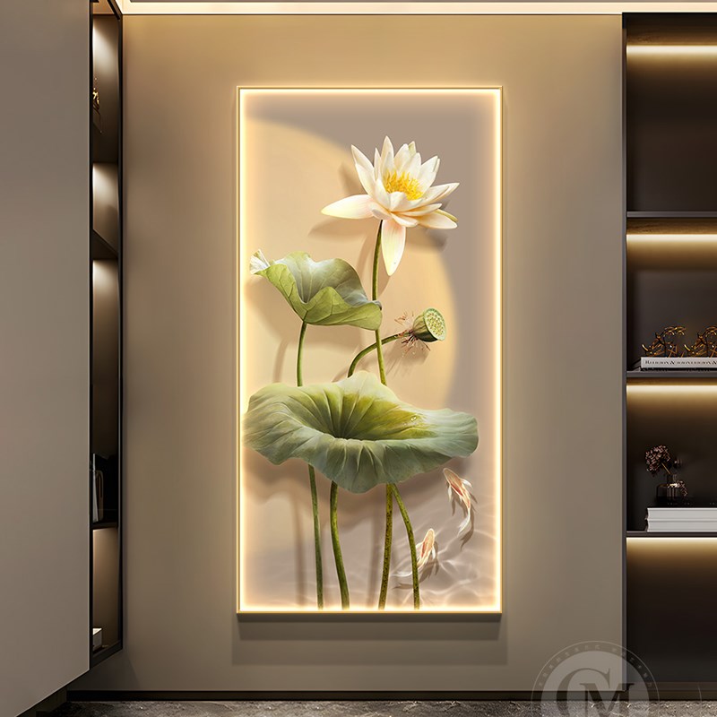 轻奢入户玄关装饰画灯画客厅荷花竖版挂画走廊过道高档发光壁画