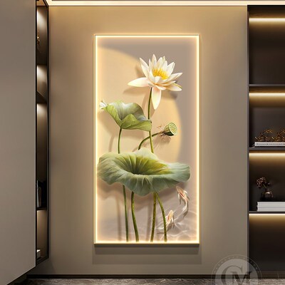 轻奢入户玄关装饰画灯画客厅荷花竖版挂画走廊过道高档发光壁画