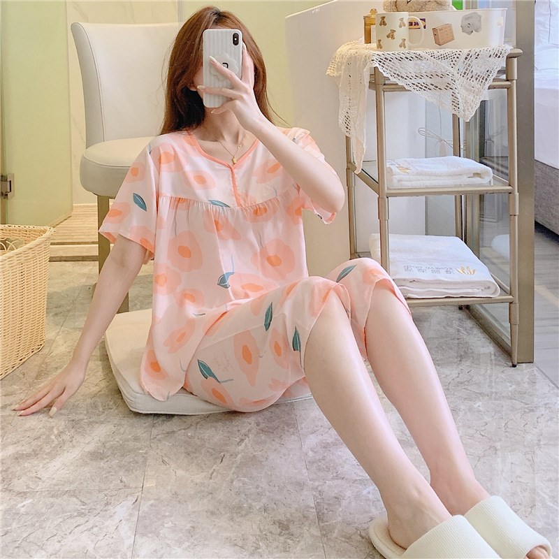 夏季女士棉绸睡衣薄款短袖套装女式绵空调服青年人五分裤家居服天