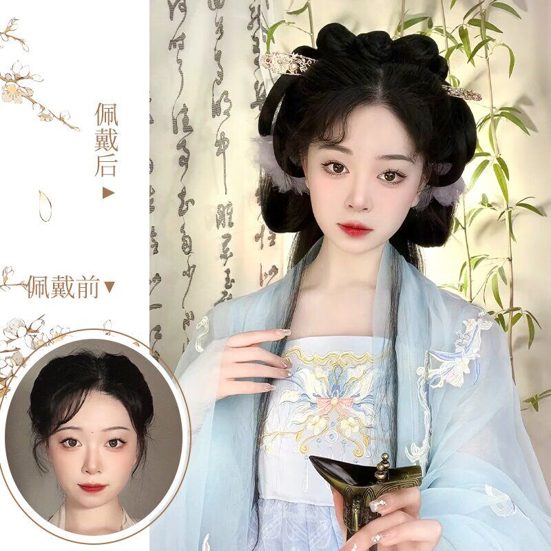 汉服假发片古装一体式懒人盘发发髻发饰古风发箍全头套假发垫发包
