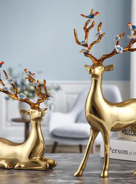 黄铜珐琅彩梅花鹿摆件桌面创意客厅家居装饰品电视柜酒柜办公室