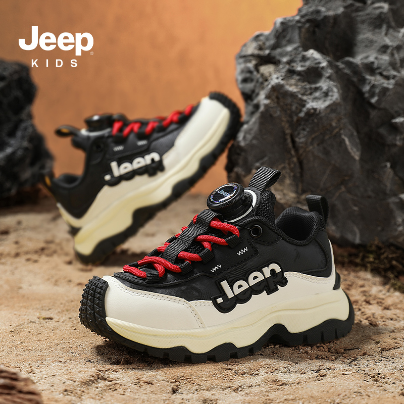 jeep儿童运动鞋2025秋冬季新款皮面跑步鞋防水防滑黑色男童登山鞋