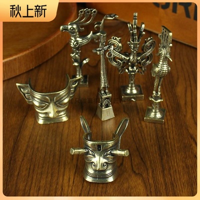 一套全黄铜三星堆文创摆件纯铜大立人纵目面具太阳神鸟旅游纪念品