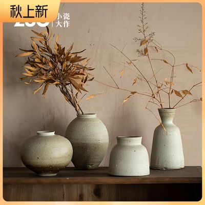 复古小清新粗陶罐插花瓶现代简约客厅陶艺干花陶瓷北欧摆件花器