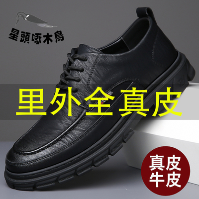 100%全牛皮星头啄木鸟男鞋2025秋男士真皮休闲皮鞋透气软底驾车鞋