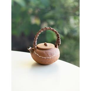 手工复古小号单个泡壶家用泡茶带过滤壶 拓土老岩泥描银提梁壶中式
