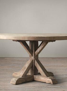 复古纯圆实木办形餐桌美式怀旧家用客厅花LM-23112艺圆桌椅古餐台