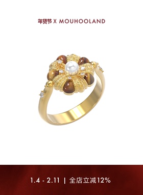 Mouhooland/暮后之地杏花系列虎眼石杏花编织戒指金色小众设计