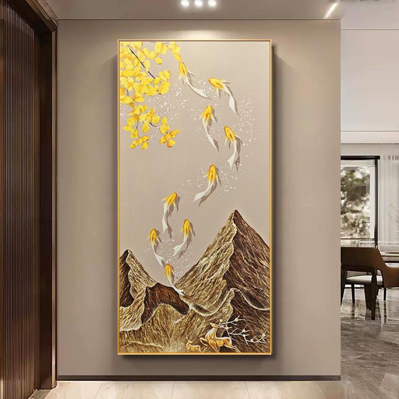 大芬村手绘油画鱼聚财入户玄关装饰画高级感走廊过道背景墙挂画图片